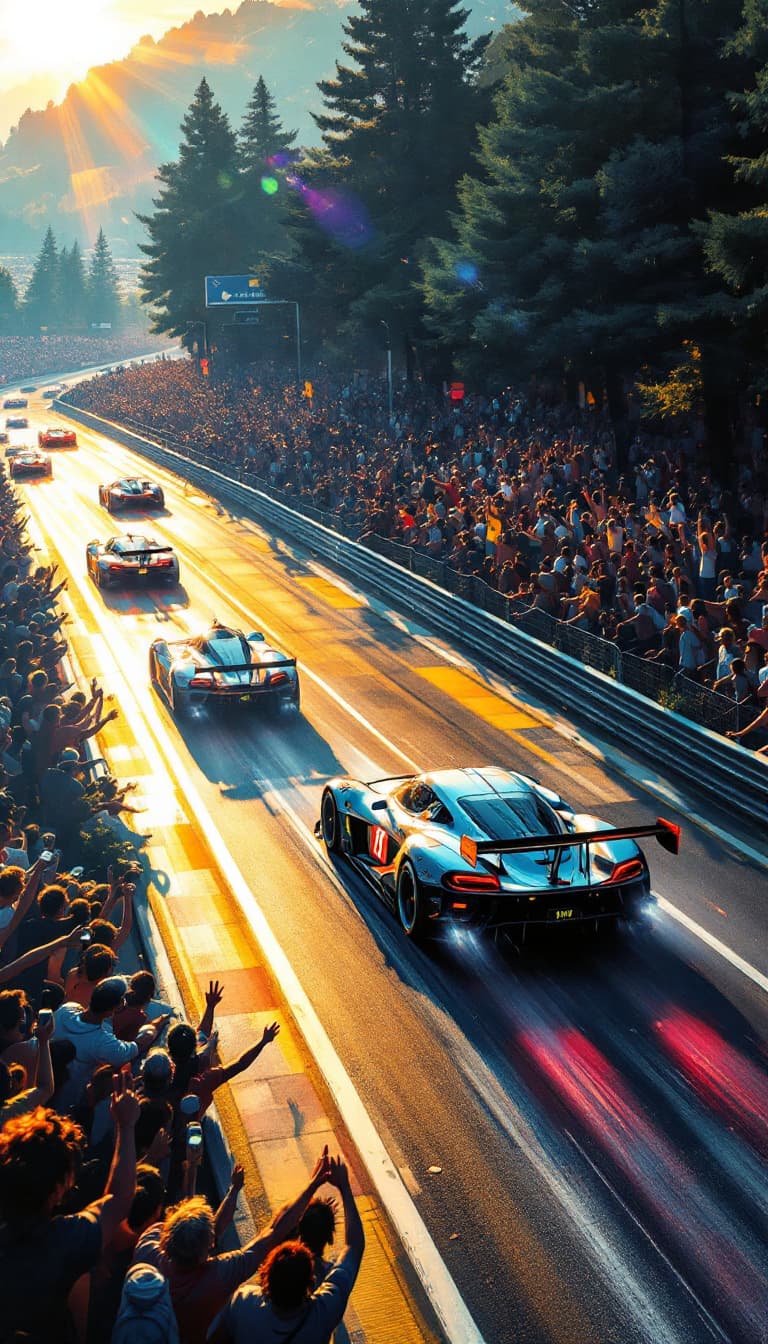 AI generated: Summer.      The tension increases. The leading racing car crosses the finish line.  Several more ca...