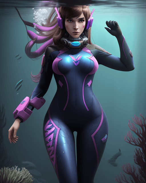 AI generated: Female, adult, skin suit, underwater, evil, D.va