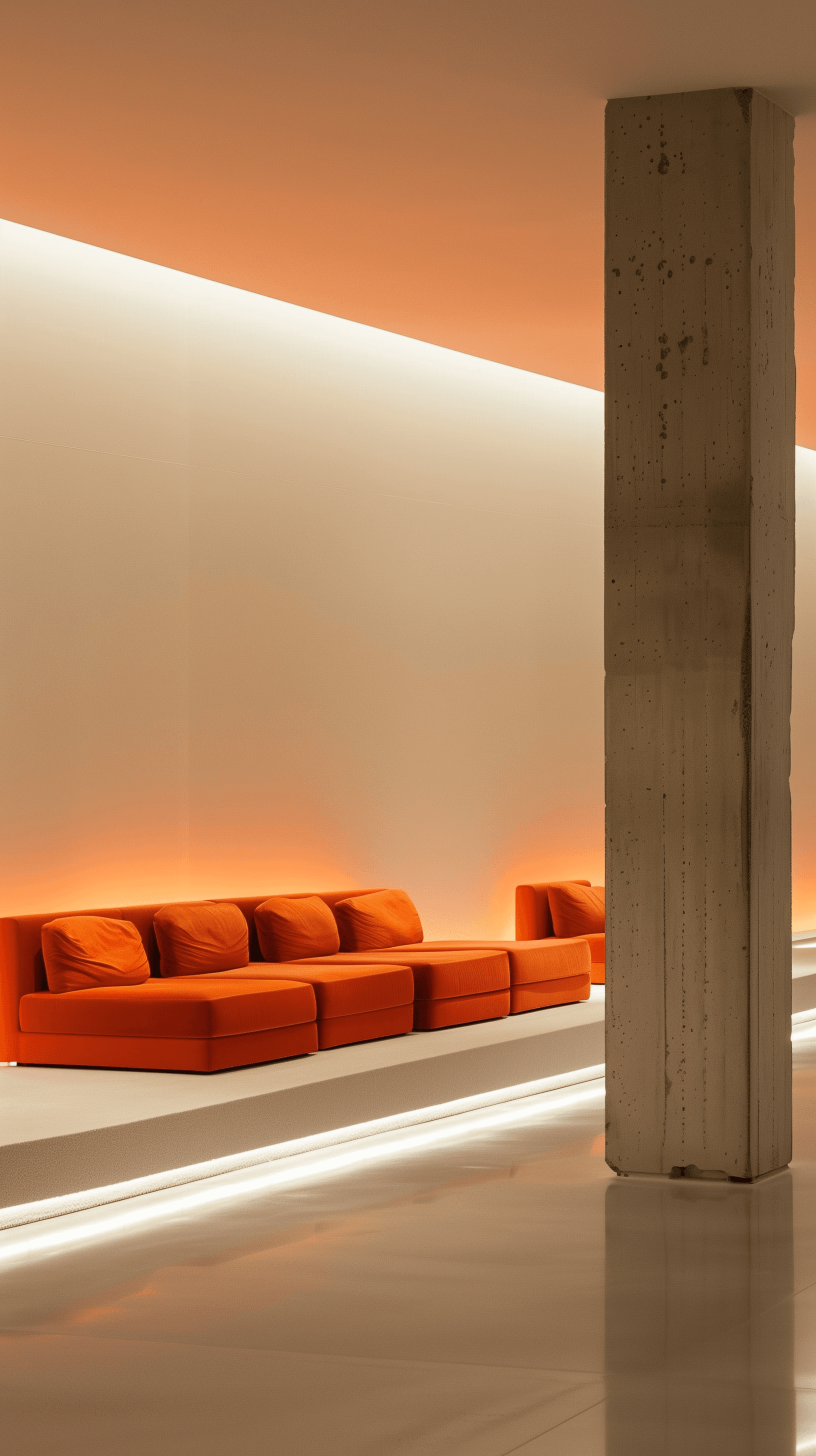 AI generated: minimalist interior, smooth white walls and a central seating area sleek, orange sofas under a recta...