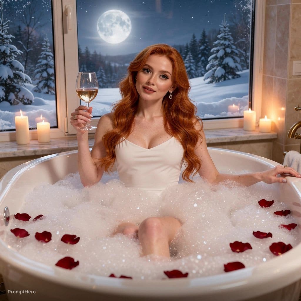 AI generated: Beautiful,mystique, Erotic bubble bath inside, candles, rose petals,luxurious Ambiente, big window i...