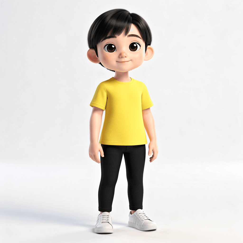 AI generated: A digital 3D rendering of a young boy with short black hair and large, expressive eyes. He has a fai...