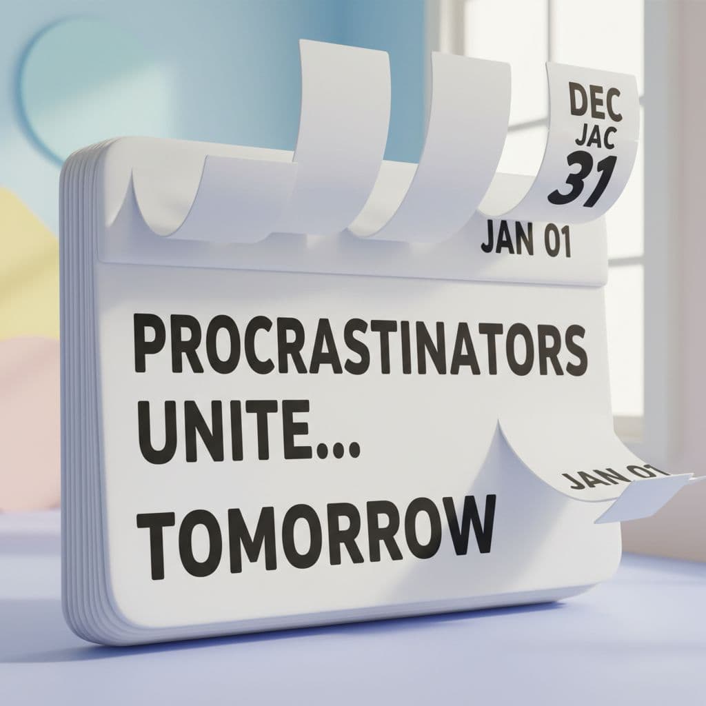 AI generated: "Procrastinators Unite… Tomorrow" — 3D calendar flipping itself