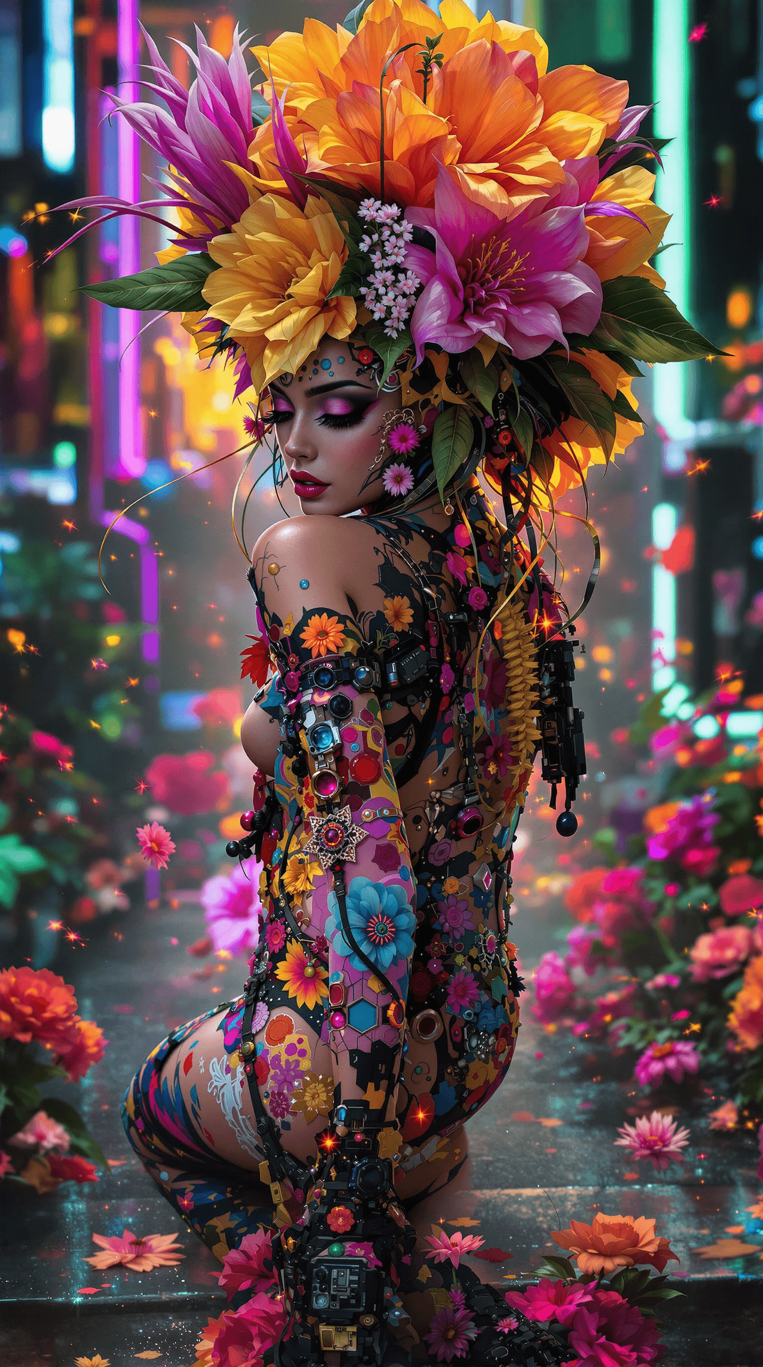 AI generated: cyberfloral punk woman --s 500 --q 5 --ar 1:2 --upbeta --v 5