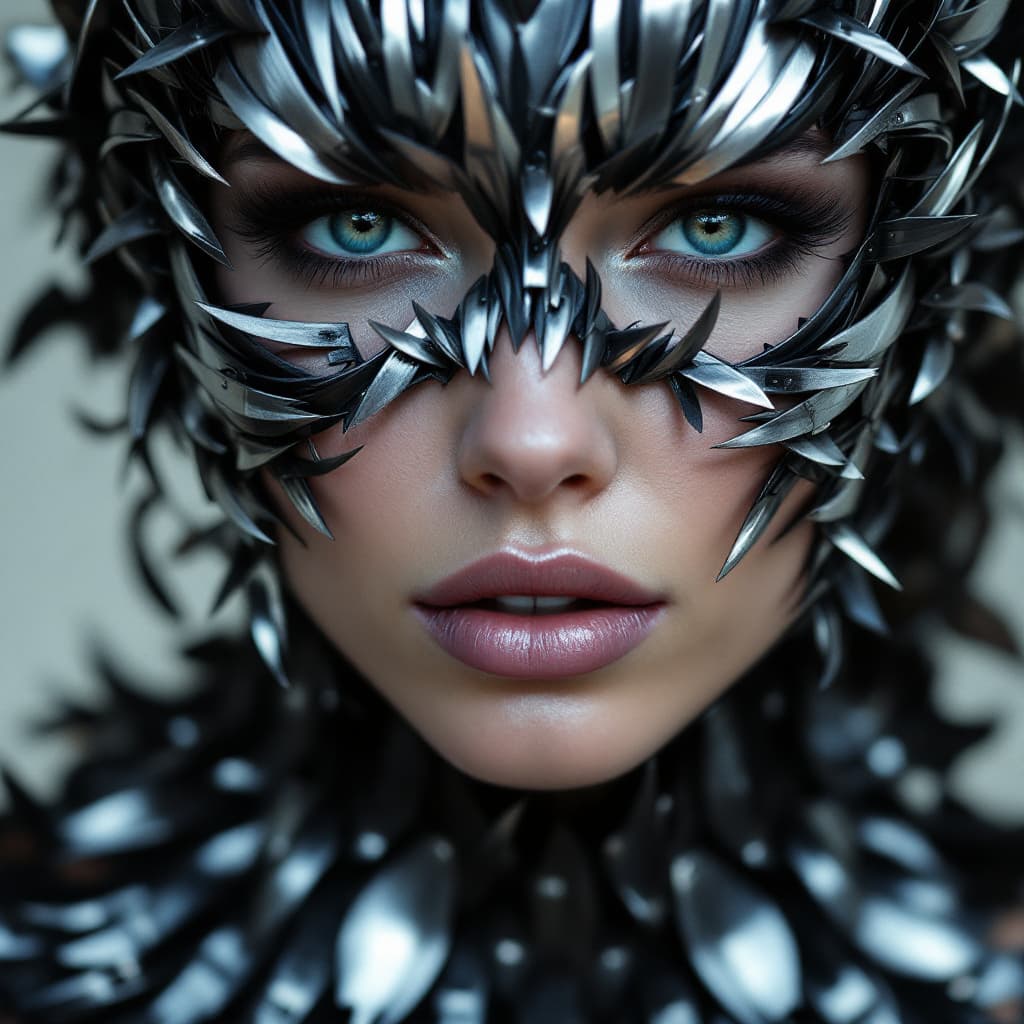AI generated: a woman is wearing an elaborate costume made with metal blades, in the style of intense texture coll...