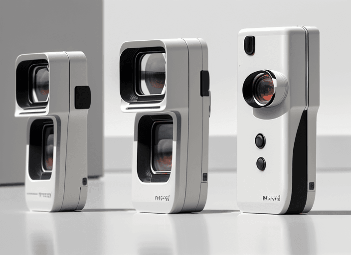 AI generated: Three very different slim cameras, arranged in a line on a white surface, front view, front elevatio...