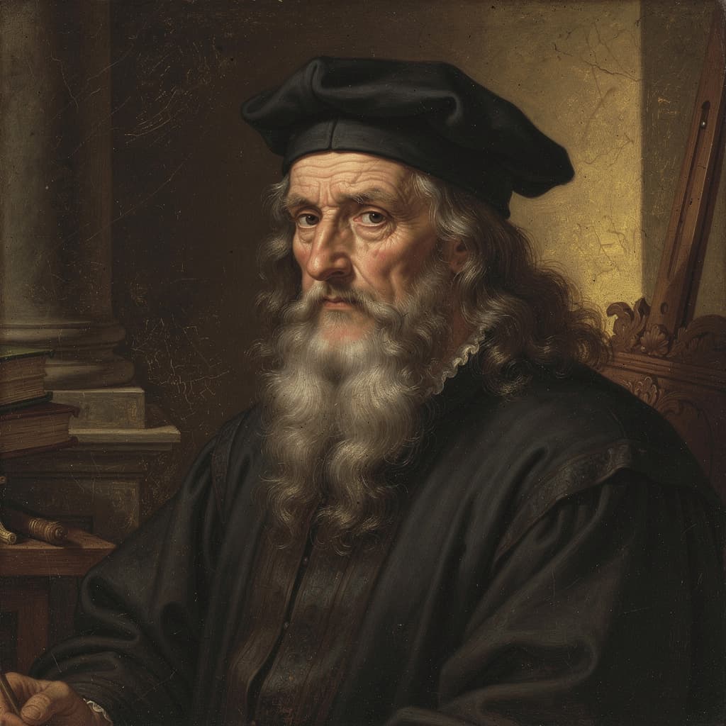 AI generated: realistic portrait of Leonardo da Vinci, renaissance painting style, detailed face, dramatic shadows...