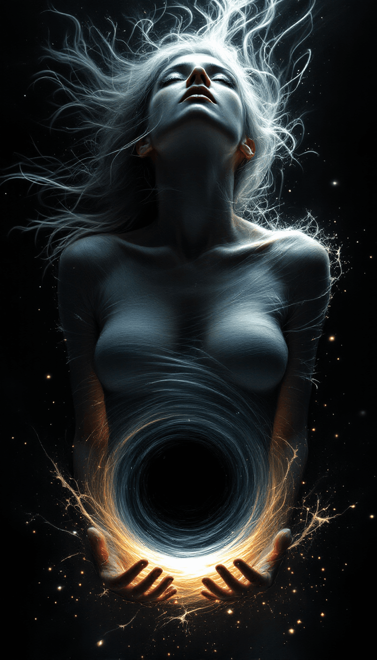 AI generated: A terrified woman stares downward at a swirling black vortex in the center of her stomach, her face ...