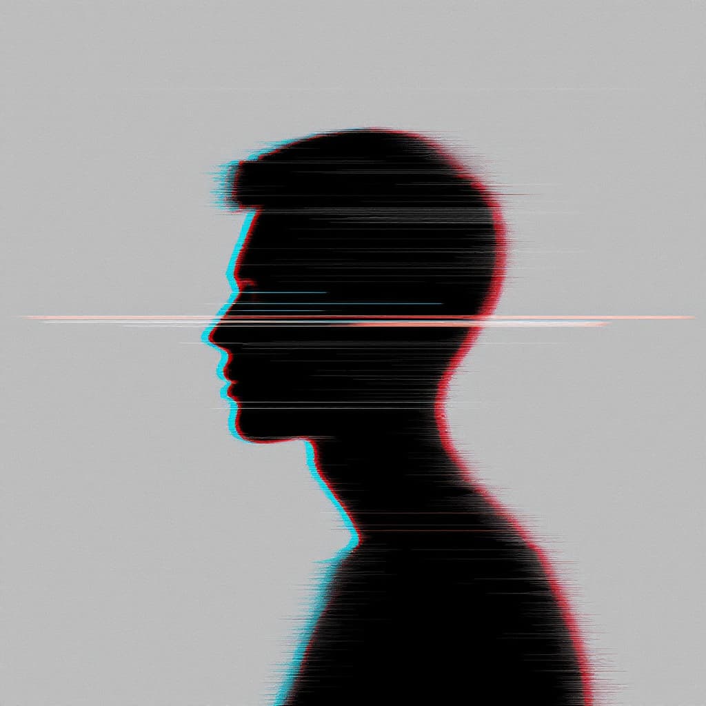AI generated: glitch art with linear distortion, horizontal scan lines and digital interference, vertical portrait...