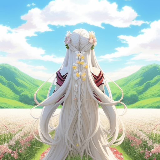 AI generated: anime goddess with long white hair, standing in a flower field, back turned