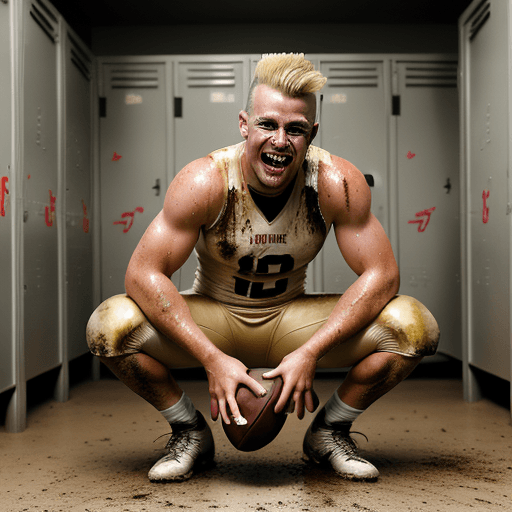AI generated: laughing handsome caucasian american football player with a short blonde mohawk, sweaty and muddy, c...