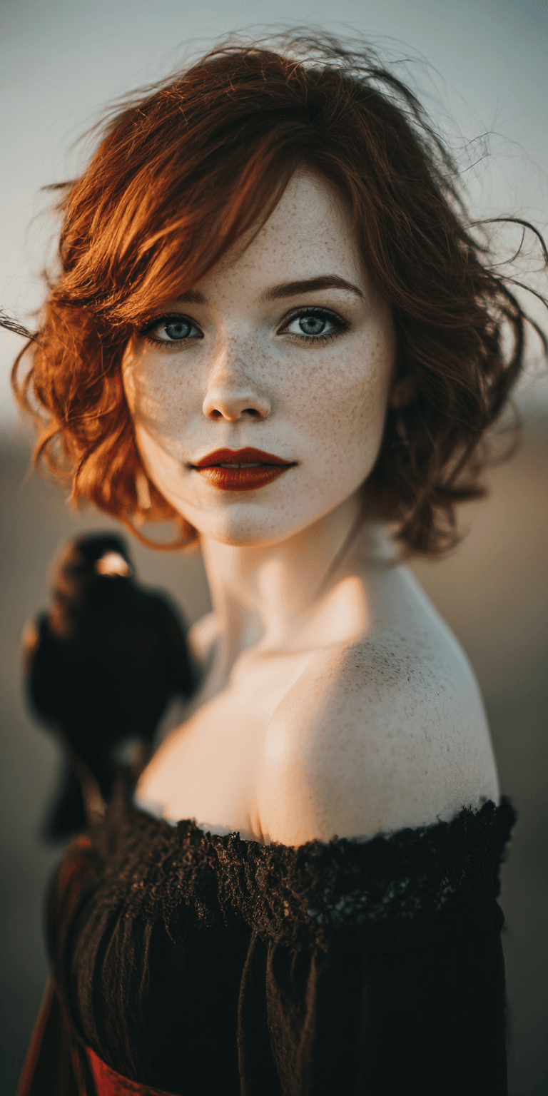 AI generated: A photograph of a redheaded woman with short, wavy hair, blue eyes, and red lipstick, wearing a blac...