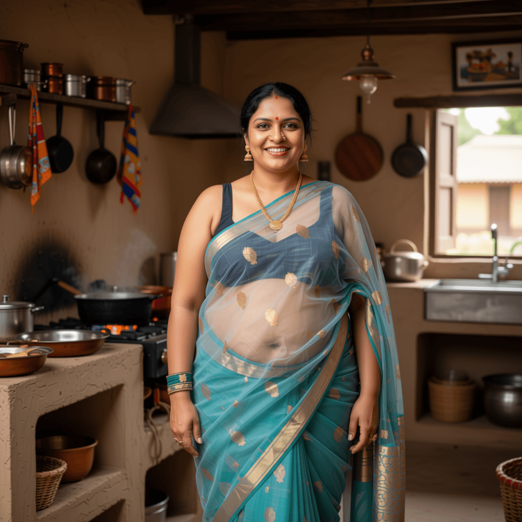 AI generated: AN indian 30 year chubby fair ,drop saree ,open naval, big chest
  village kitchen  with transparent...