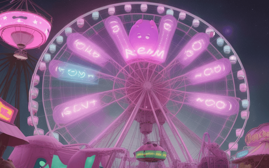AI generated: cute pink alien cows, outer space, carnival, Ferris wheel, cyberpunk, pastel purple stars, galaxy
