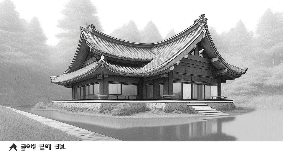 AI generated: A simple pencil sketch of a small unique Korean styled wizard's house nestled in the rear of an Euro...