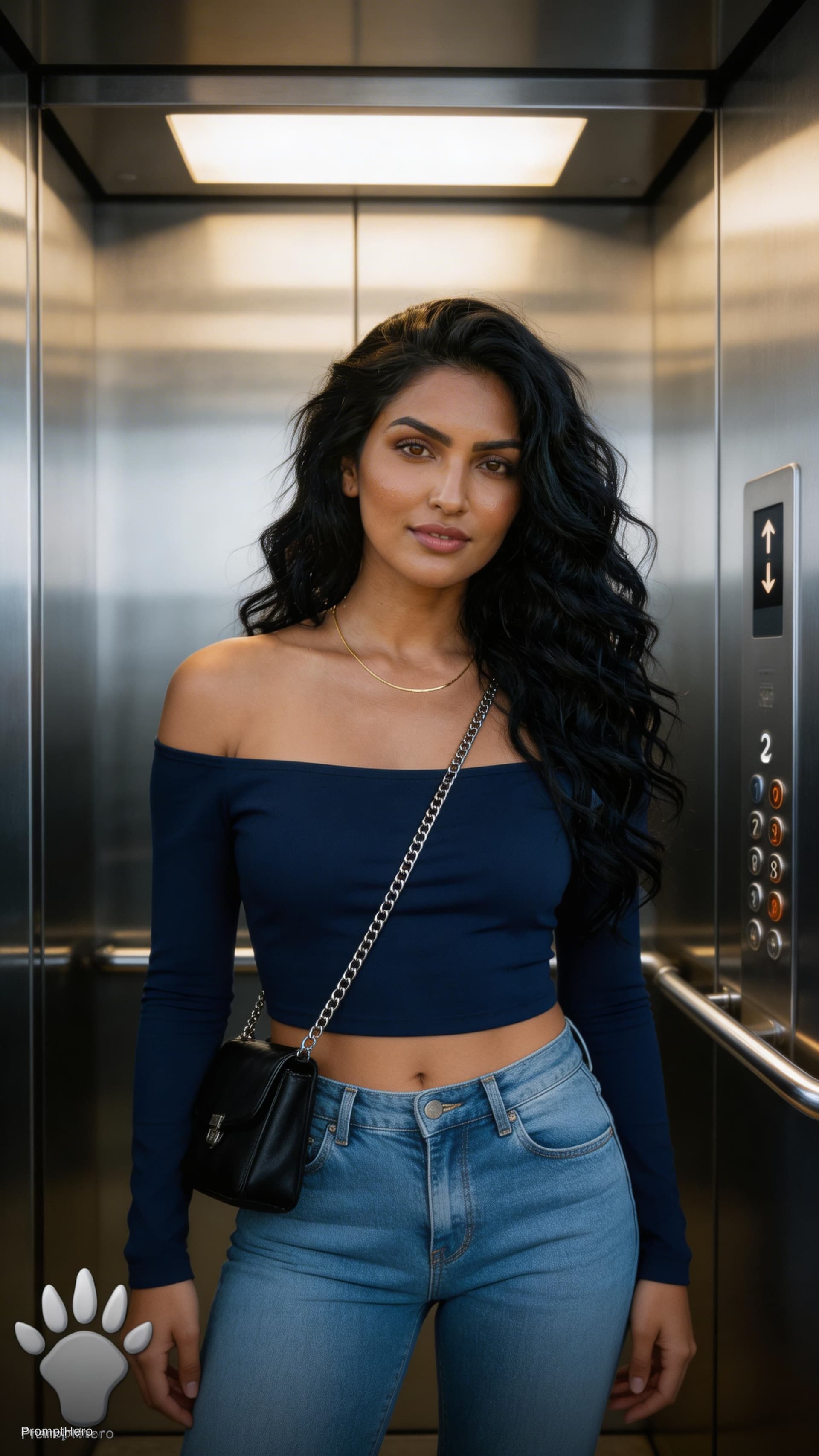 AI generated: A stunningly beautiful young Indian woman with long, voluminous wavy dark hair, standing confidently...