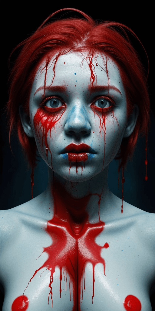 AI generated: A half body portrait of a battered and wounded smurf made of blood, half body is submerged in blood,...