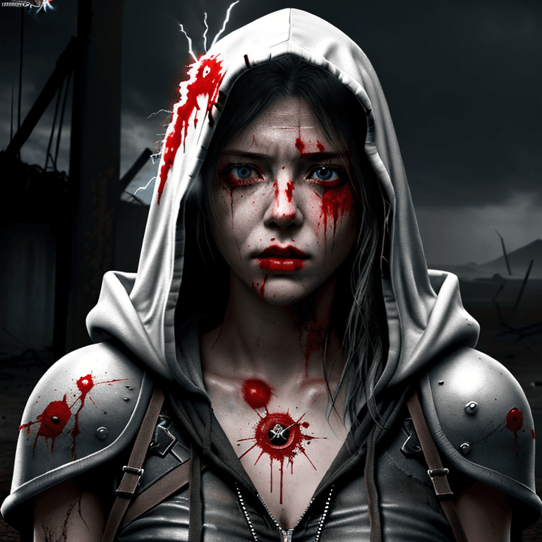 AI generated: portrait of post apocalyptic female warrior horror survivor, empty expression, blood bleeding splatt...