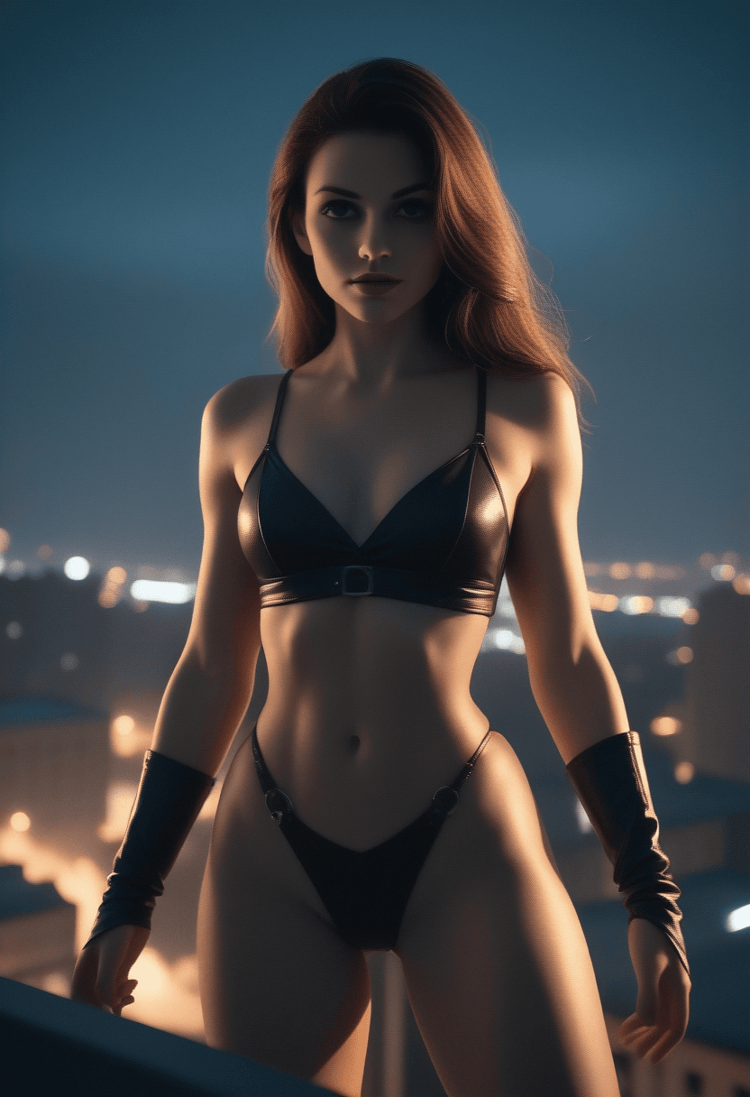 AI generated: cinematic film still Digital artwork,concept art,a female ninja,standing on rooftop with a dark dyst...