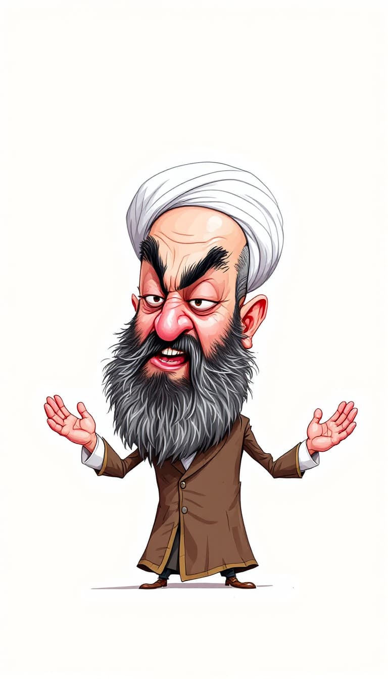 AI generated: caricature illustration, Ali Khamenei's comic book character, hilariously exaggerated features --ar ...