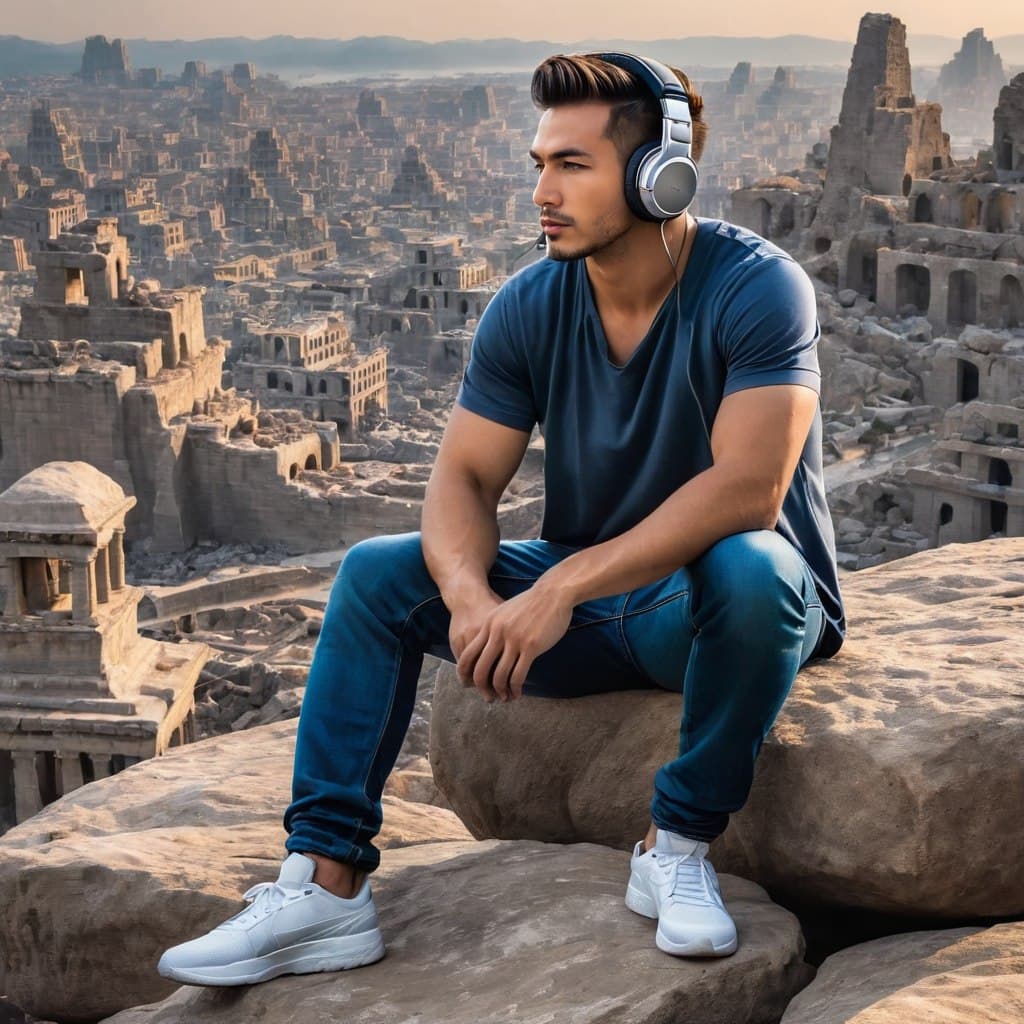 AI generated: Hyper detailed Brutal man in DJ headphones sitting on a rock looking down at the stunningly futurist...