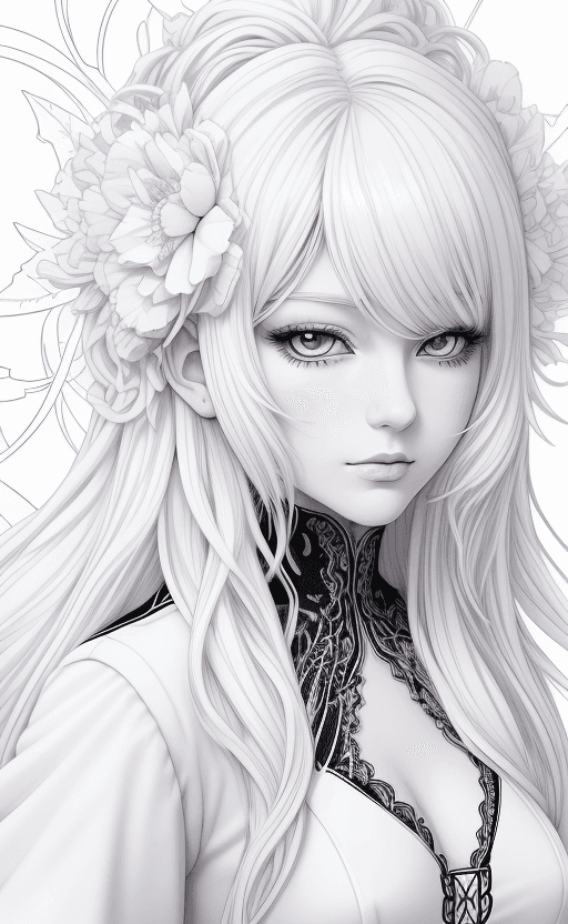 AI generated: coloring page Anime portrait clean line art, black pen line high detail,,wild dynamic white hair, wo...