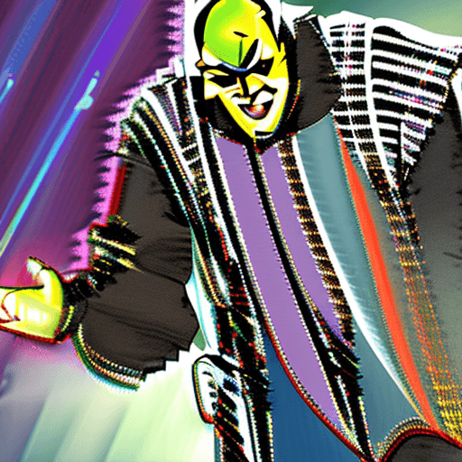 AI generated: Danny DeVito in a batman suit, fat and happy, Joker smile, fantasy background