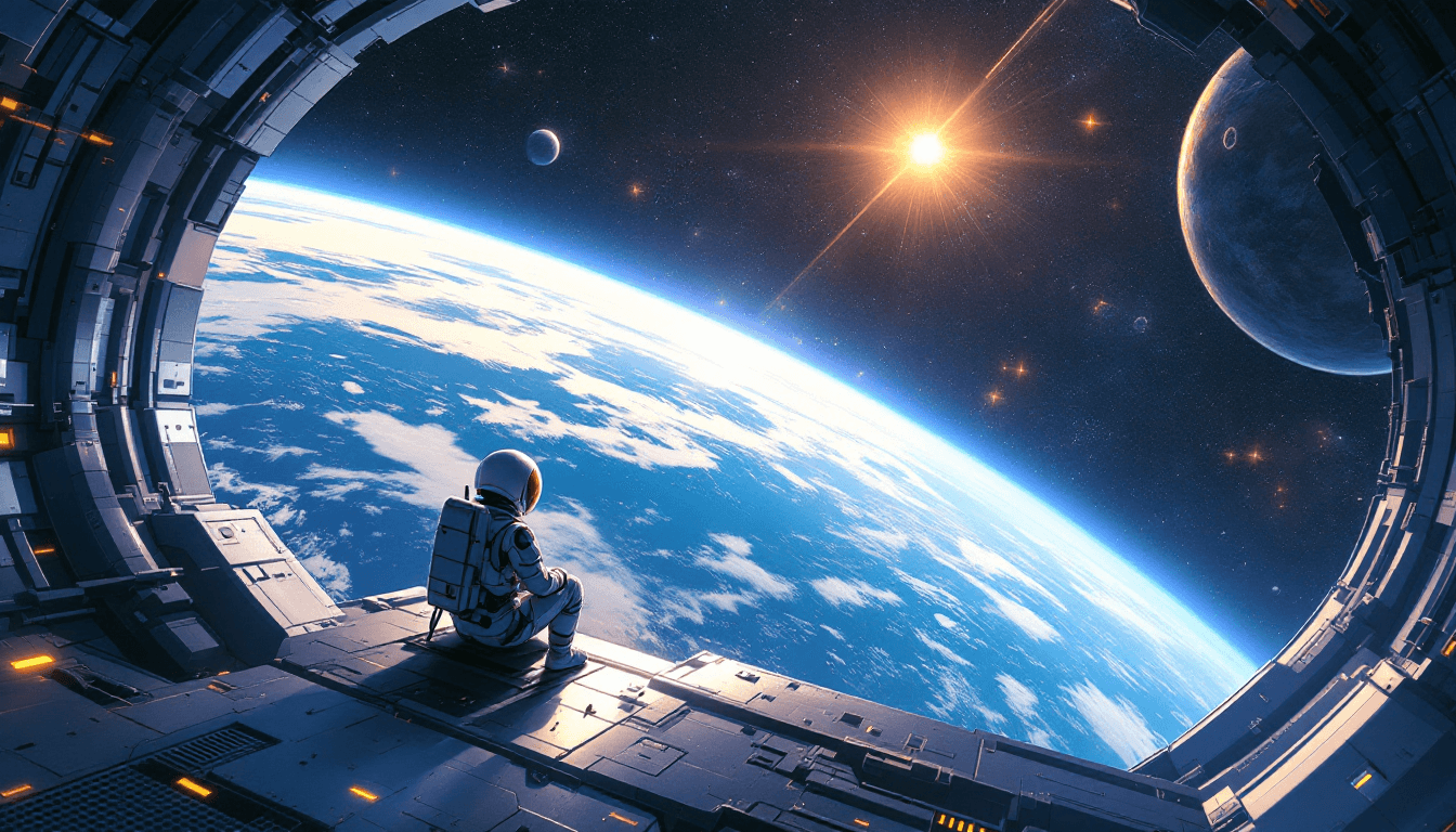 AI generated: illustration art, sci-fi concept, a small futuristic astronaut sitting at the threshold of a giganti...