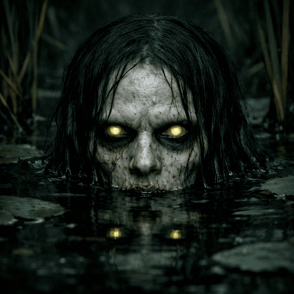 AI generated: A close-up, unsettling image of a pale, human-like face emerging from murky water, centered in the f...