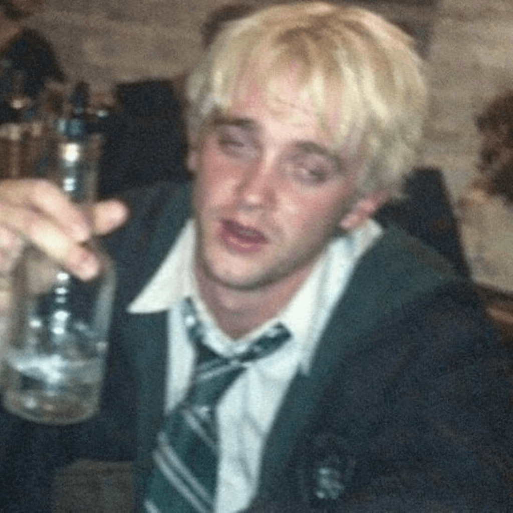 AI generated: Tom Felton, low quality, draco malfoy, drunk