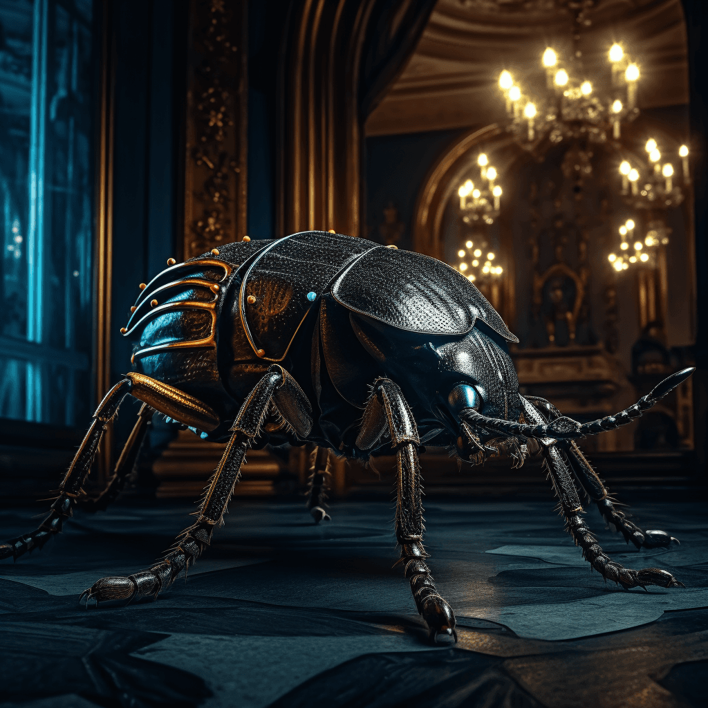 AI generated: scary creature shaped like a giant beetle two meters long in a dark room with decoration from the ye...