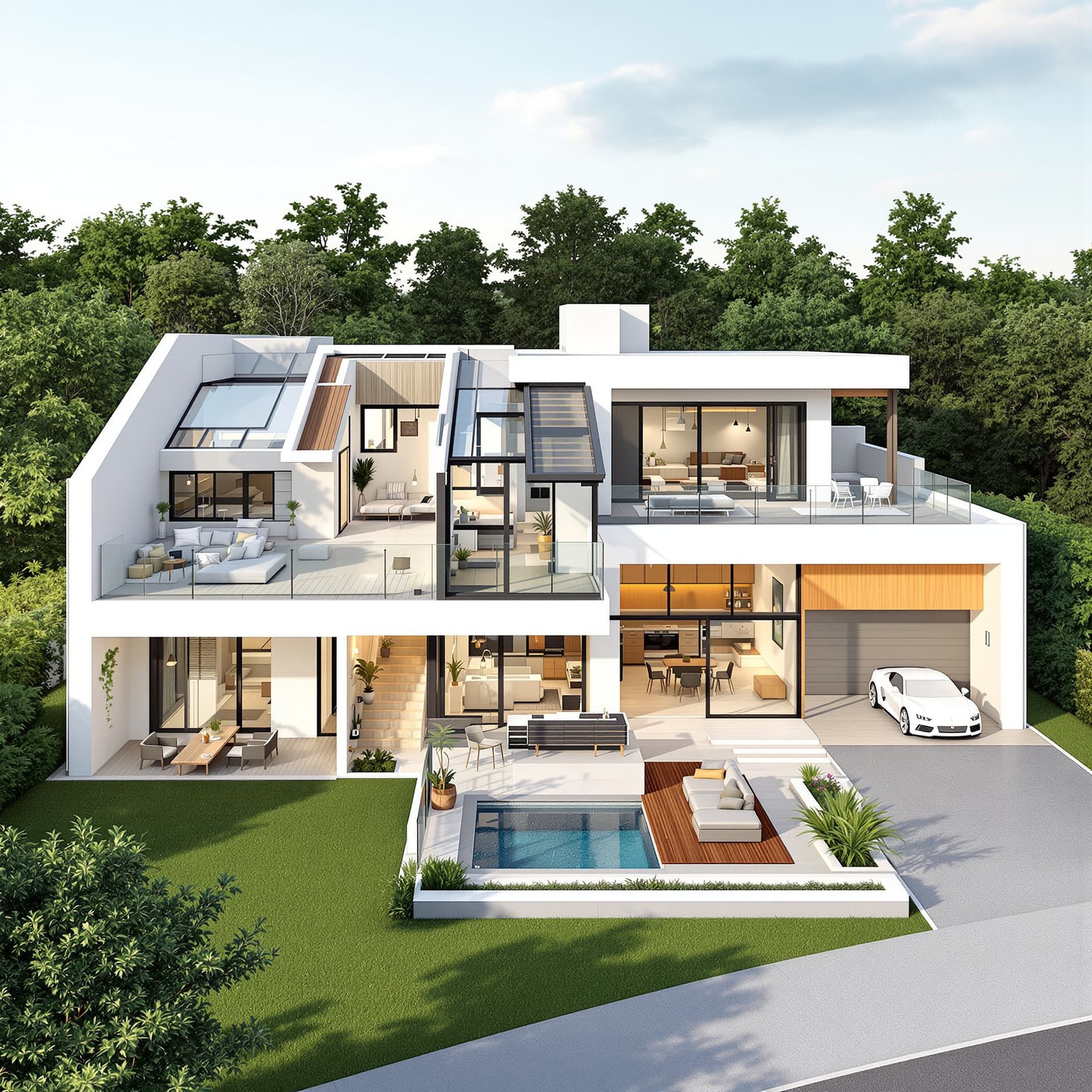 AI generated: Design a 100m  modern single-story villa on a 483 m² lot with the street on the east side. Total bui...