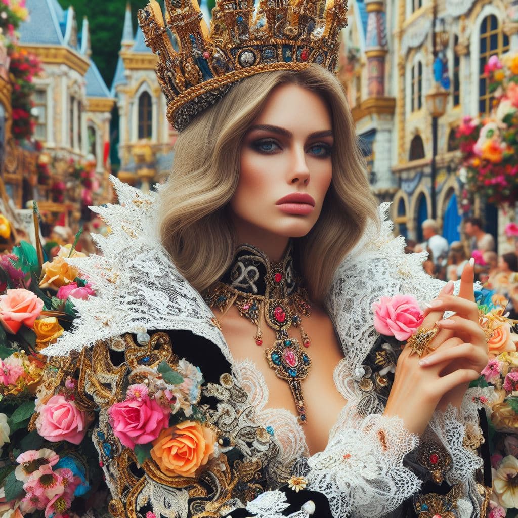 AI generated: (royal, woman, highly detailed clothes adorned with laces and floral elements, luxurious laces), rev...