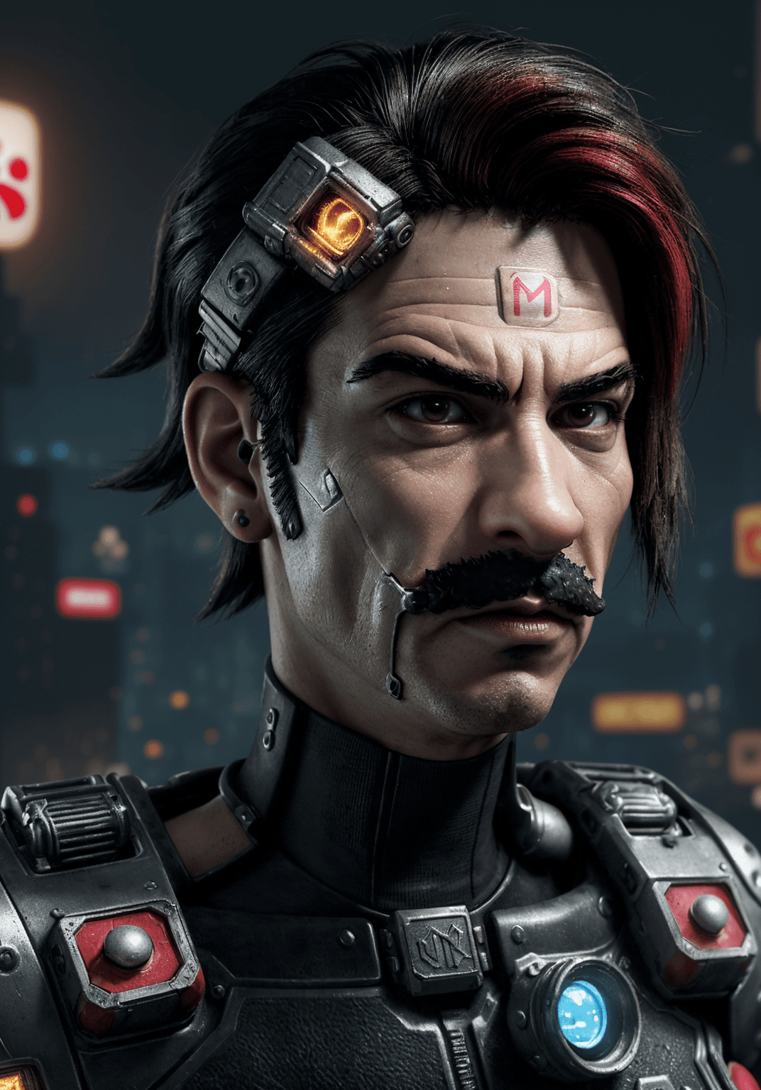 AI generated: (Mario from Nintendo:1.2) in a dystopian cyberpunk city, (cyborg:1.3), bladerunner, dark misty stree...