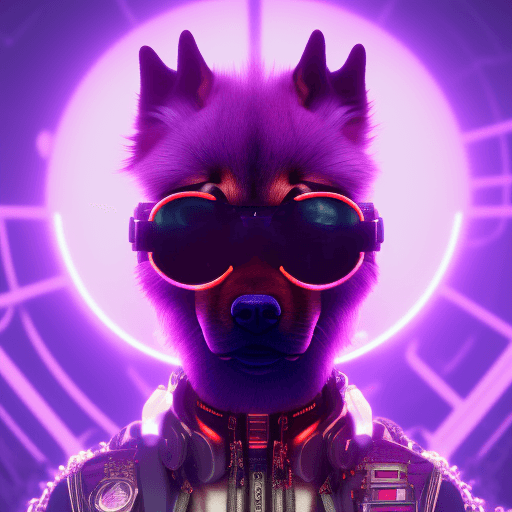 AI generated: an image of standing doge, hairy, cool pose, cyberpunk style, wearing cyber glasses, wearing shorts,...
