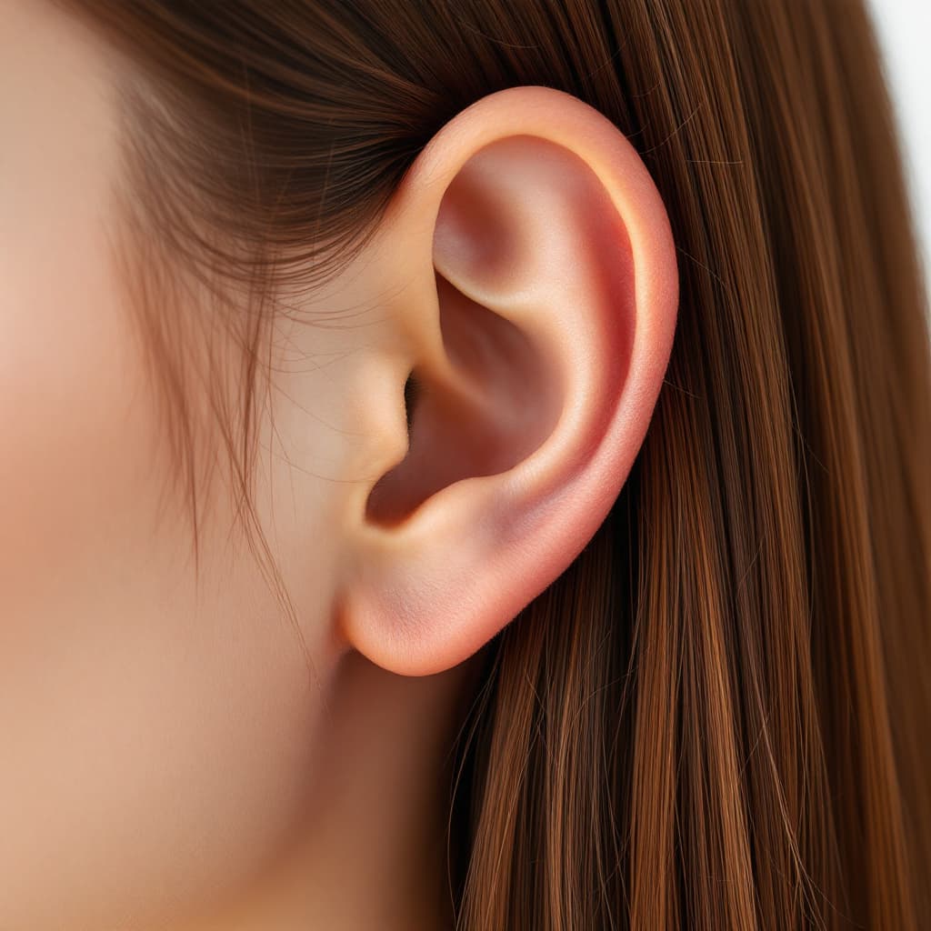 AI generated: A high-resolution close-up of a realistic right human ear, clean and smooth skin, long natural brown...