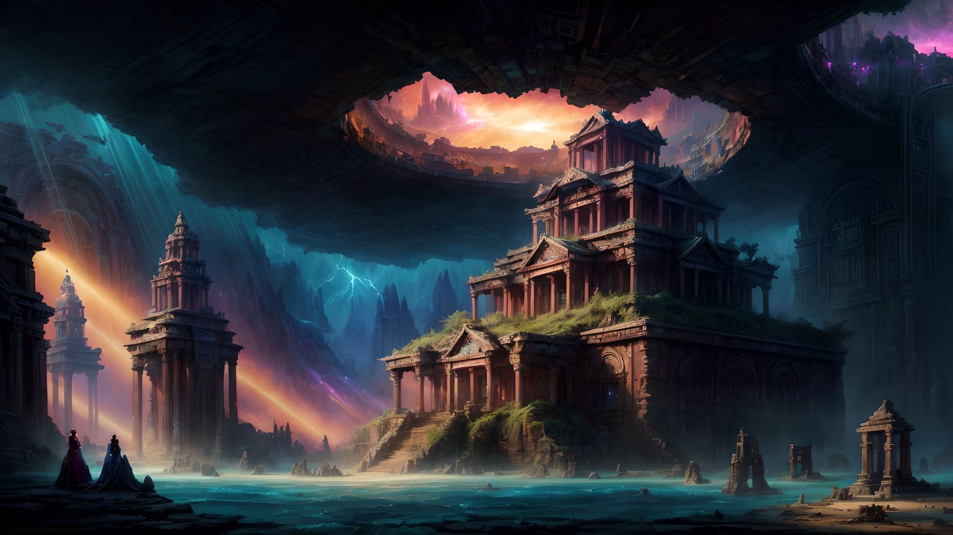 AI generated: concept art ((stunning lost atlantis)), (underwater scenery), purple cloud storm with lightning, anc...