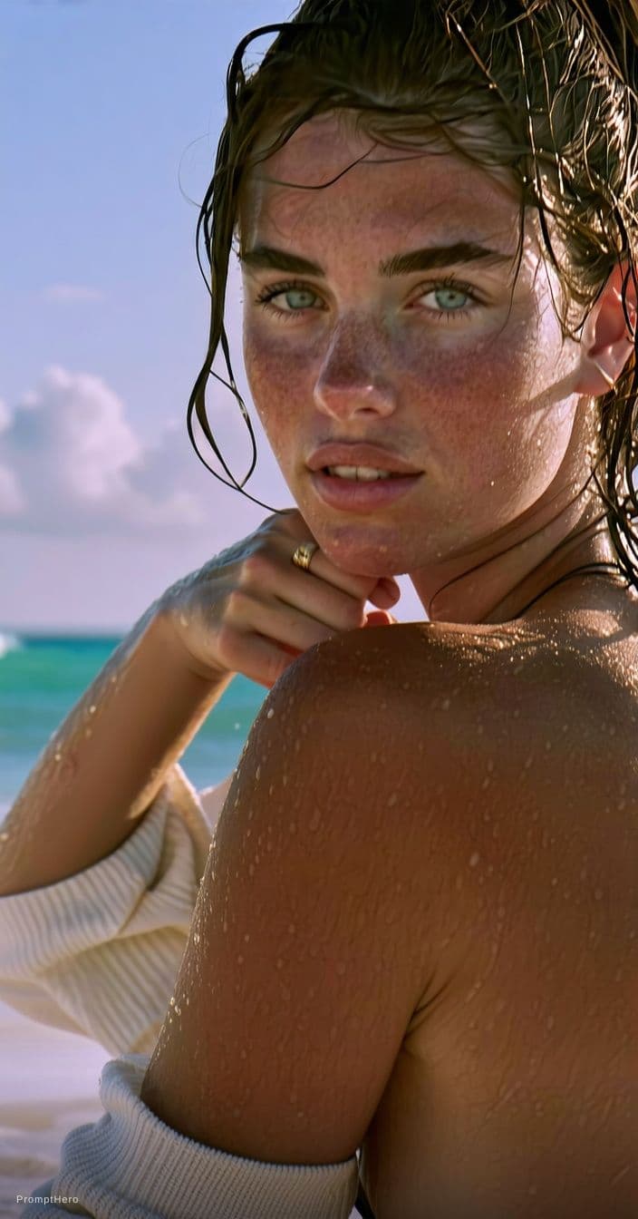AI generated: A cinematic, photorealistic portrait of a woman relaxing on a sun-drenched tropical beach at golden ...