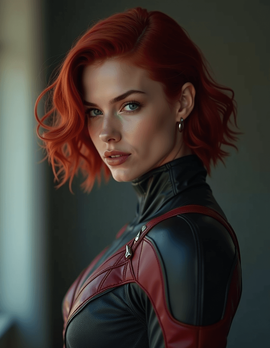 AI generated: jean grey, young female, x-men, full body shot, looking at viewer, portrait, photography, detailed s...