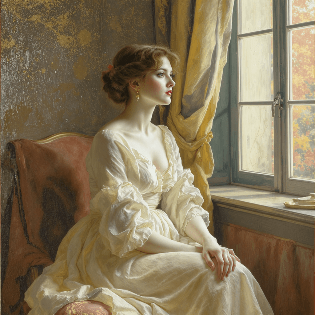 AI generated: A portrait of a woman seated gracefully by a tall window, her posture elegant yet relaxed. She wears...