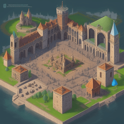 AI generated: City main Square, medieval, fantasy, isometric, rpg, jrpg, detailed