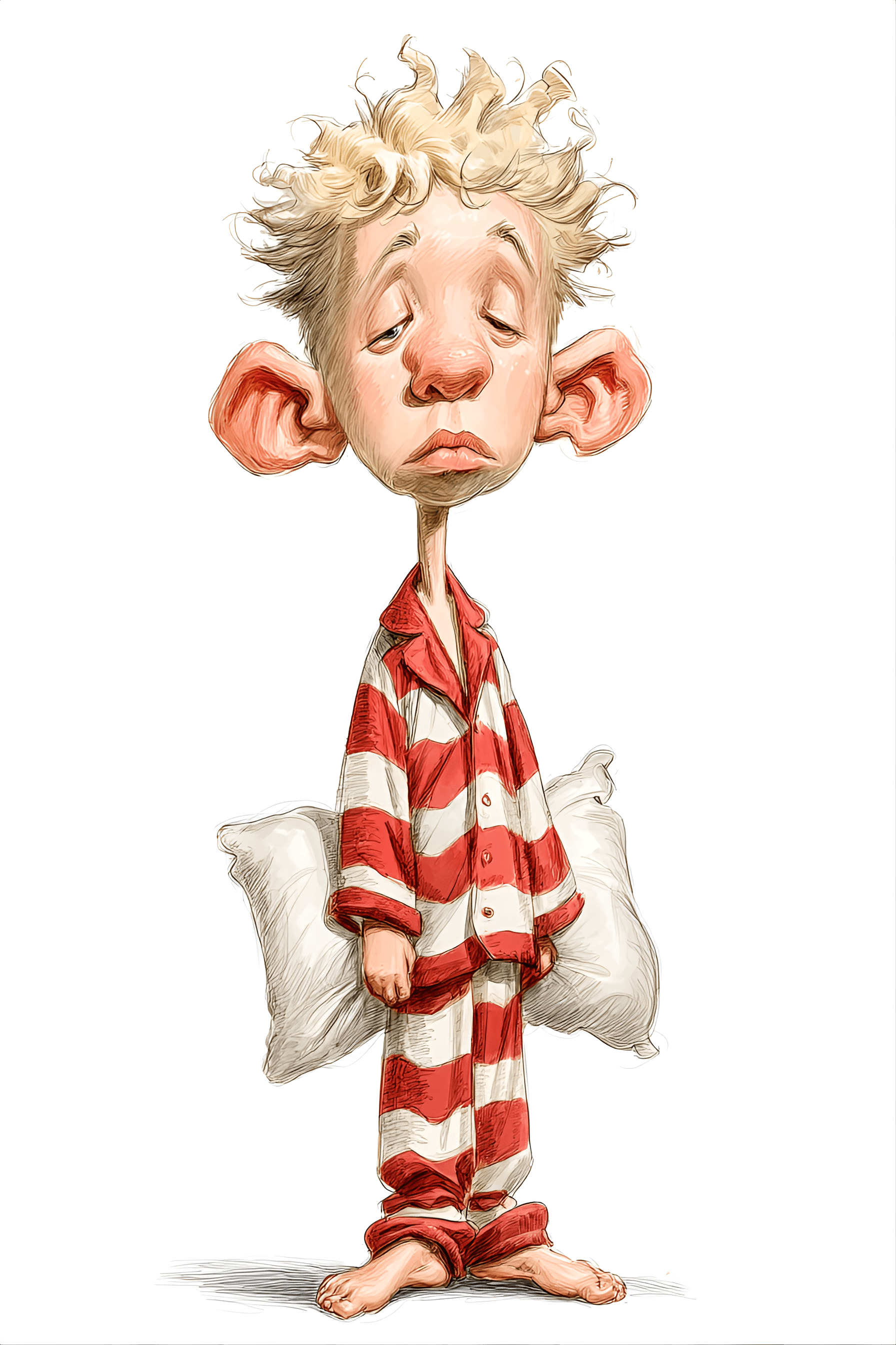 AI generated: funny caricature, sleepy cartoon boy, male, unspecified ethnicity, 6 years old, blonde-haired, droop...