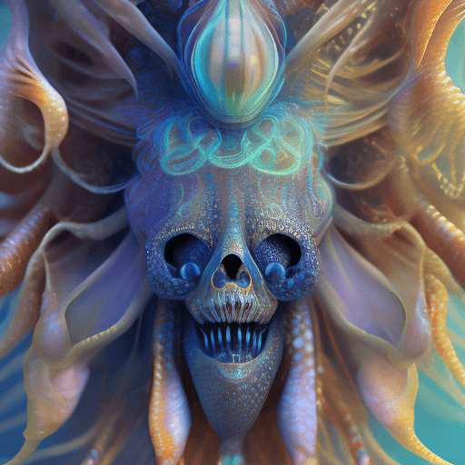 AI generated: Goddess close-up portrait ribcagel. jellyfish phoenix head, nautilus, orchid, skull, betta fish, bio...