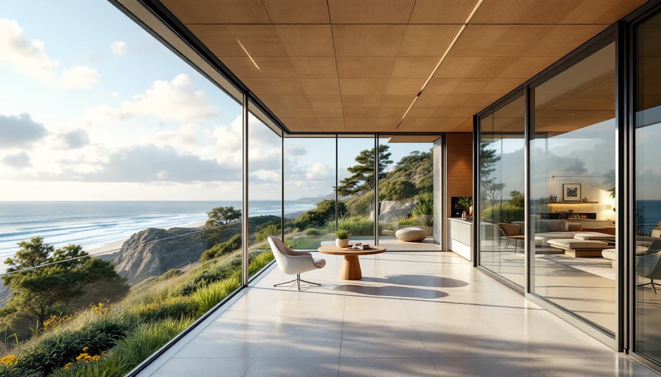 AI generated: Hyper realistic eye level exterior photo of a mid century modern style house overlooking the ocean, ...