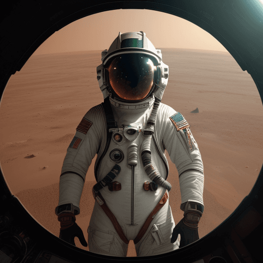 AI generated: young Thai male astronaut, rocket, Mars surface, dusty, barren, reddish, green sky, sleek white spac...