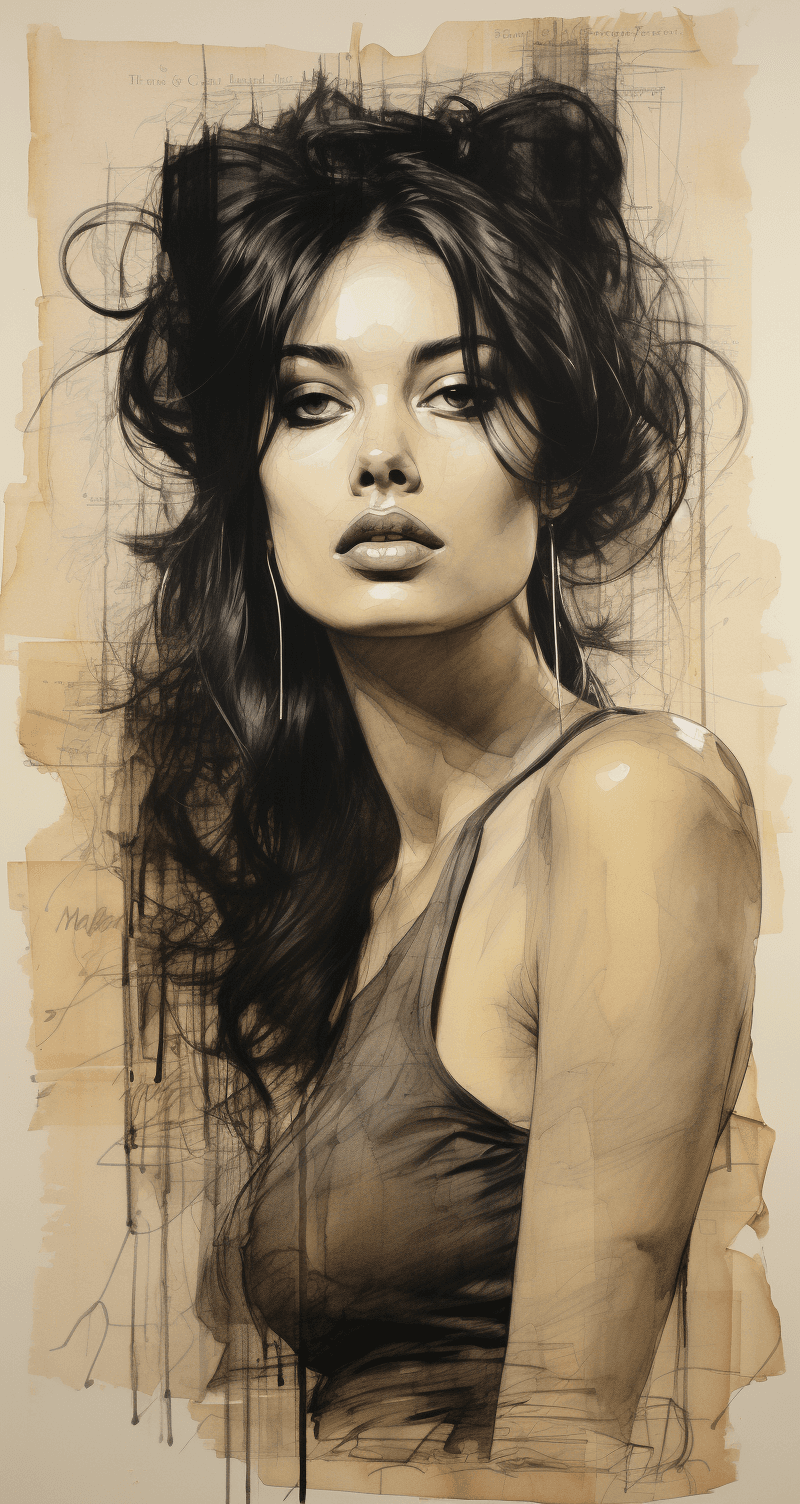 AI generated: Rough charcoal sketch on old paper, beautiful female figure, seductive pose, clean line art --ar 68:...