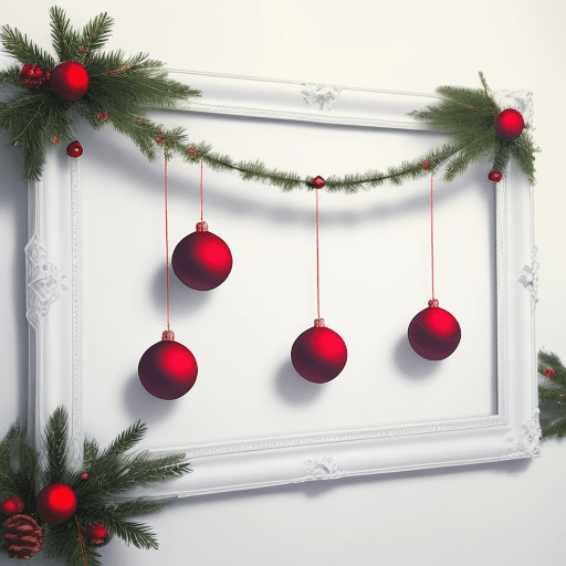 AI generated: Christmas banch and balls on white wall, frame
