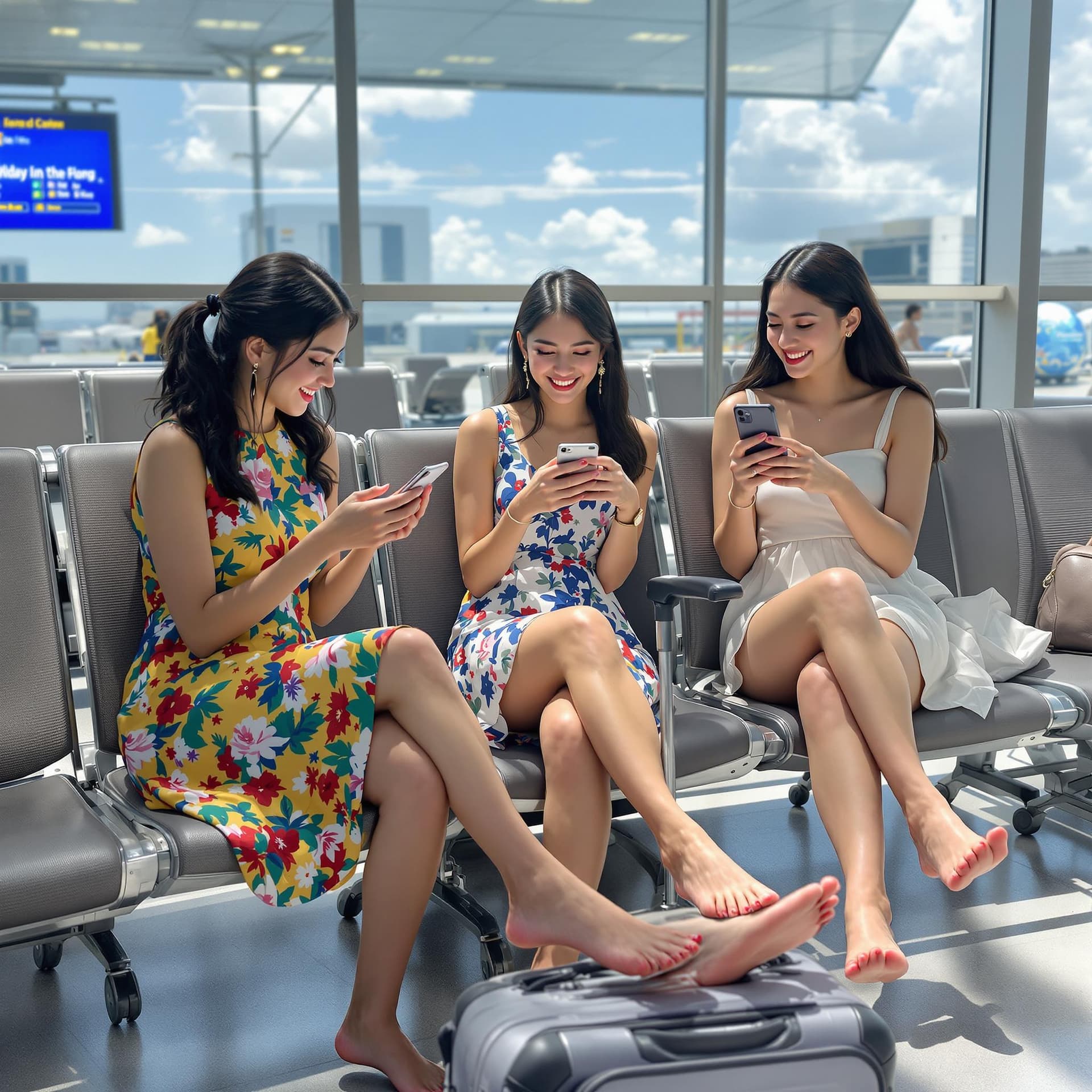 AI generated: In the summer. Three adult female friends from Hong Kong, in summer dress, at the air port. Waiting ...