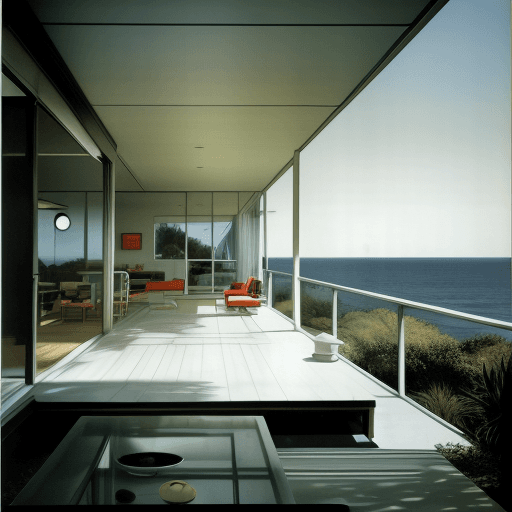 AI generated: Hyper realistic eye level exterior photo of a mid century modern style house overlooking the ocean, ...