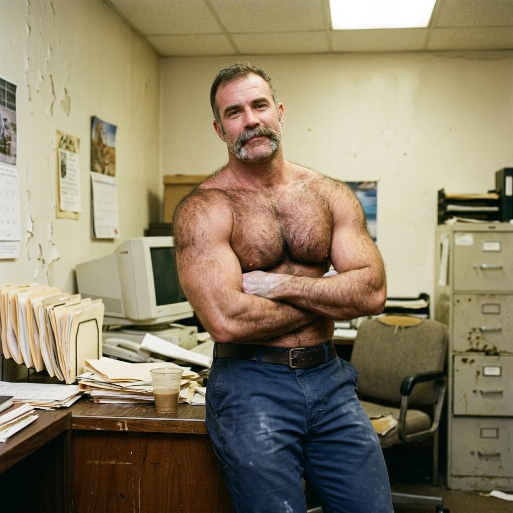 AI generated: realistic hairy 40-year-old daddy bodybuilder, with huge chest muscles, with handlebar mustache, in ...