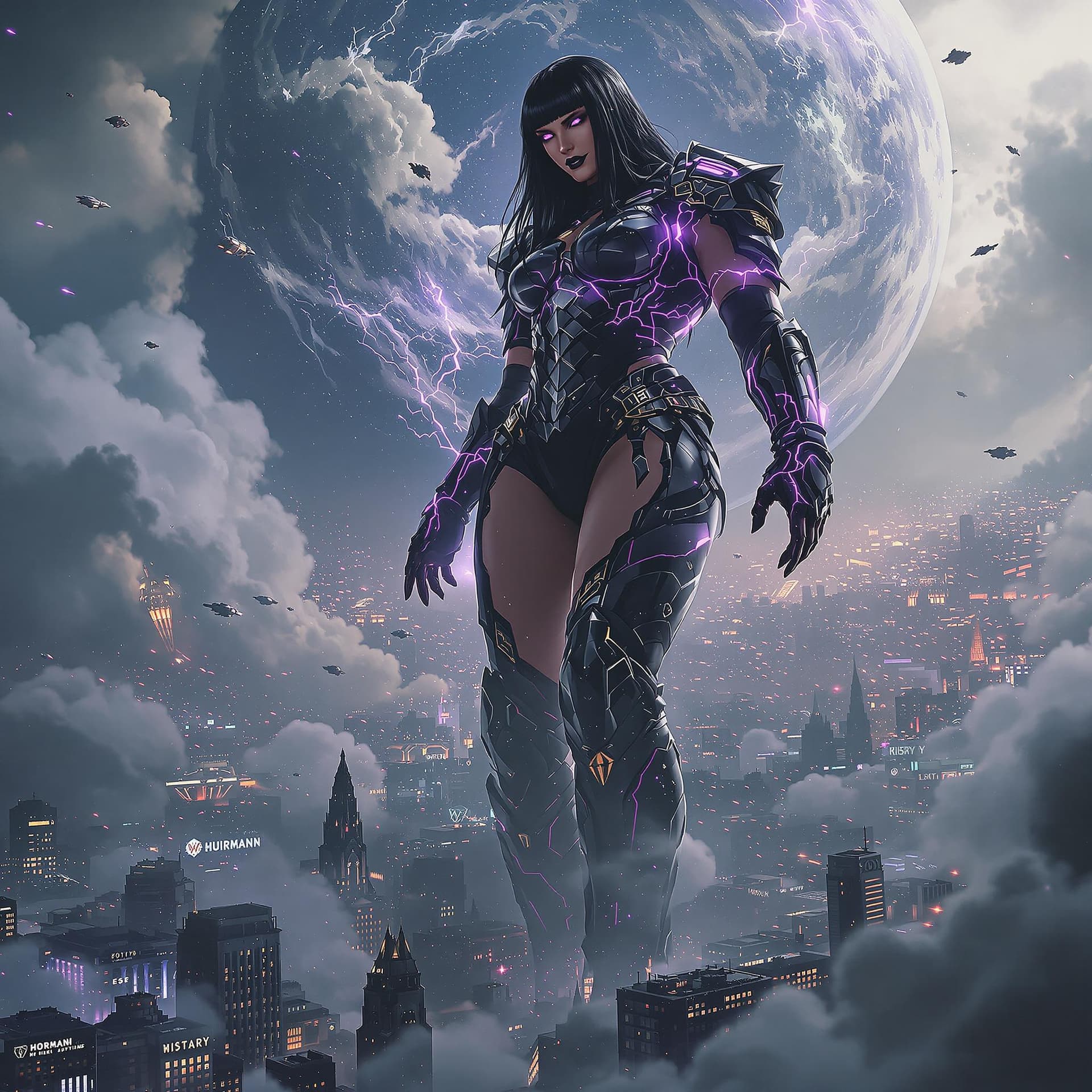 AI generated: truly enormous giantess female Rhea Ripley from WWE with black medium length hair and straight bangs...